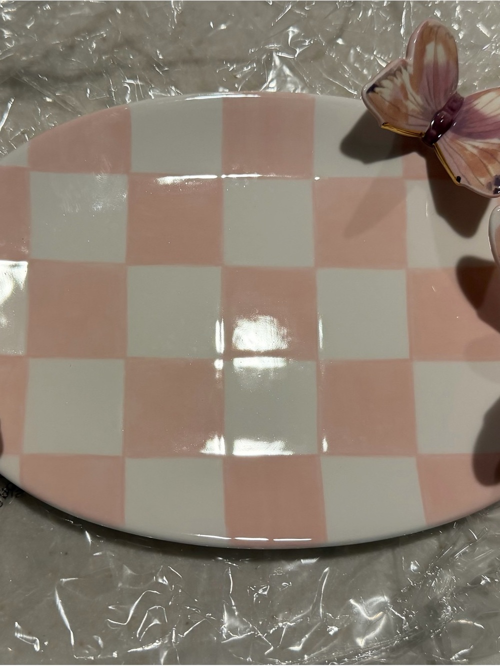 MacKenzie-Childs Pink and White Check Ceramic Jewelry Tray
